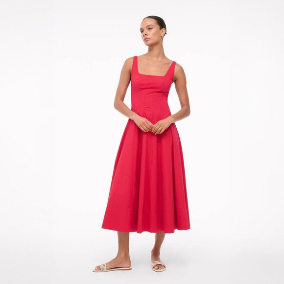 Staud Wells Corset Paneled Cotton Dress in Cherry Red - Picture 4 of 8